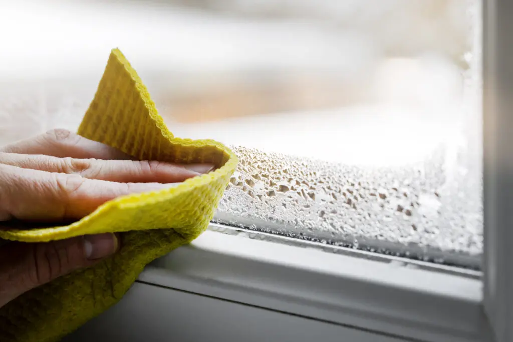 Close-up of a hand using a yellow cloth to wipe condensation from a window, showing water droplets on the glass and window frame.